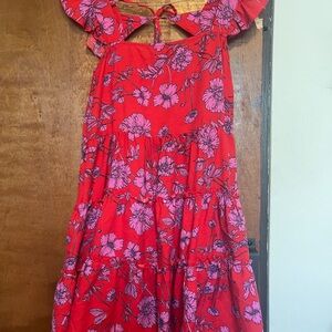 Red Floral Ruffled Cold Shoulder Sundress